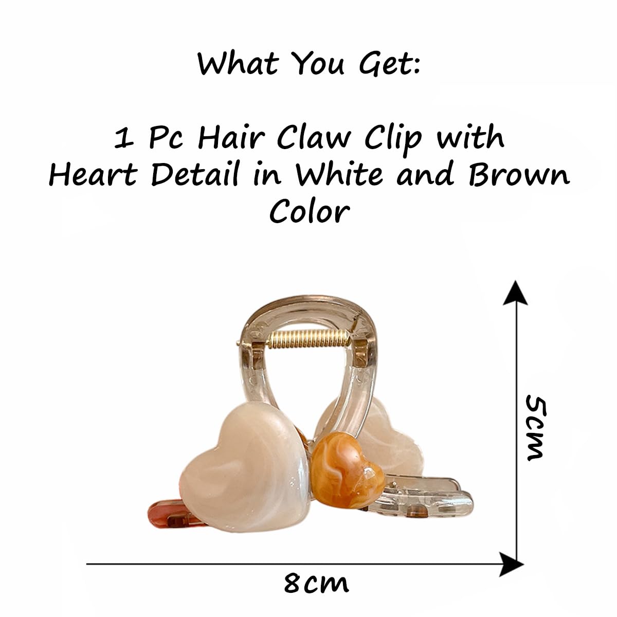 S.A.V.I Heart Design Hair Claw Clip for Women & Girls | White & Brown Marble Look Acrylic Clutcher | 8cm Strong Grip Stylish Hair Accessory for Daily & Party