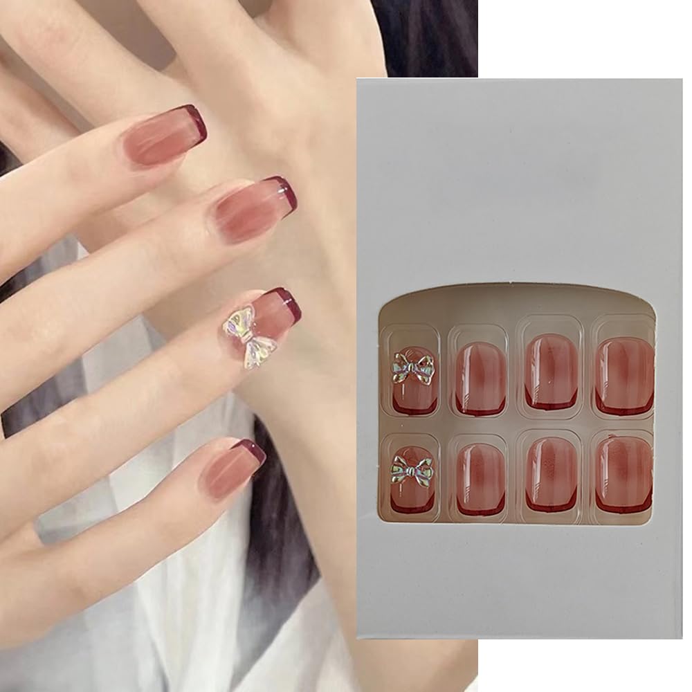 S.A.V.I 24 PCs Medium Length Square Shape Nude Color French Manicure 3D Bow Press-on Fake Nails DIY Kit – Long-Lasting, Easy Application, Salon Quality for Professional Look at Home