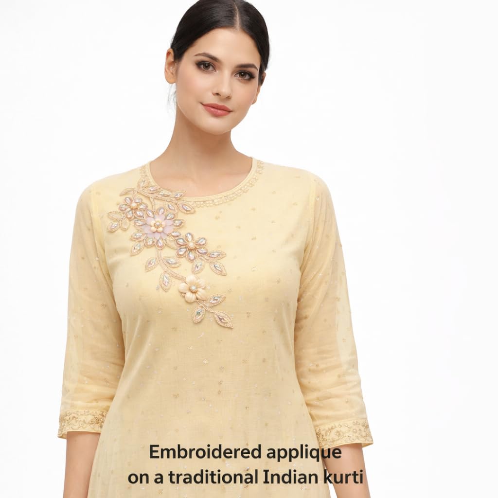 S.A.V.I Champagne Gold Crystal Floral Applique Patch 14 x 27 cm, Hand Embroidered Beaded Leaf Sew-On Design for Sarees, Gowns, Dresses & Kurtis (Left, Gold, OneSize)