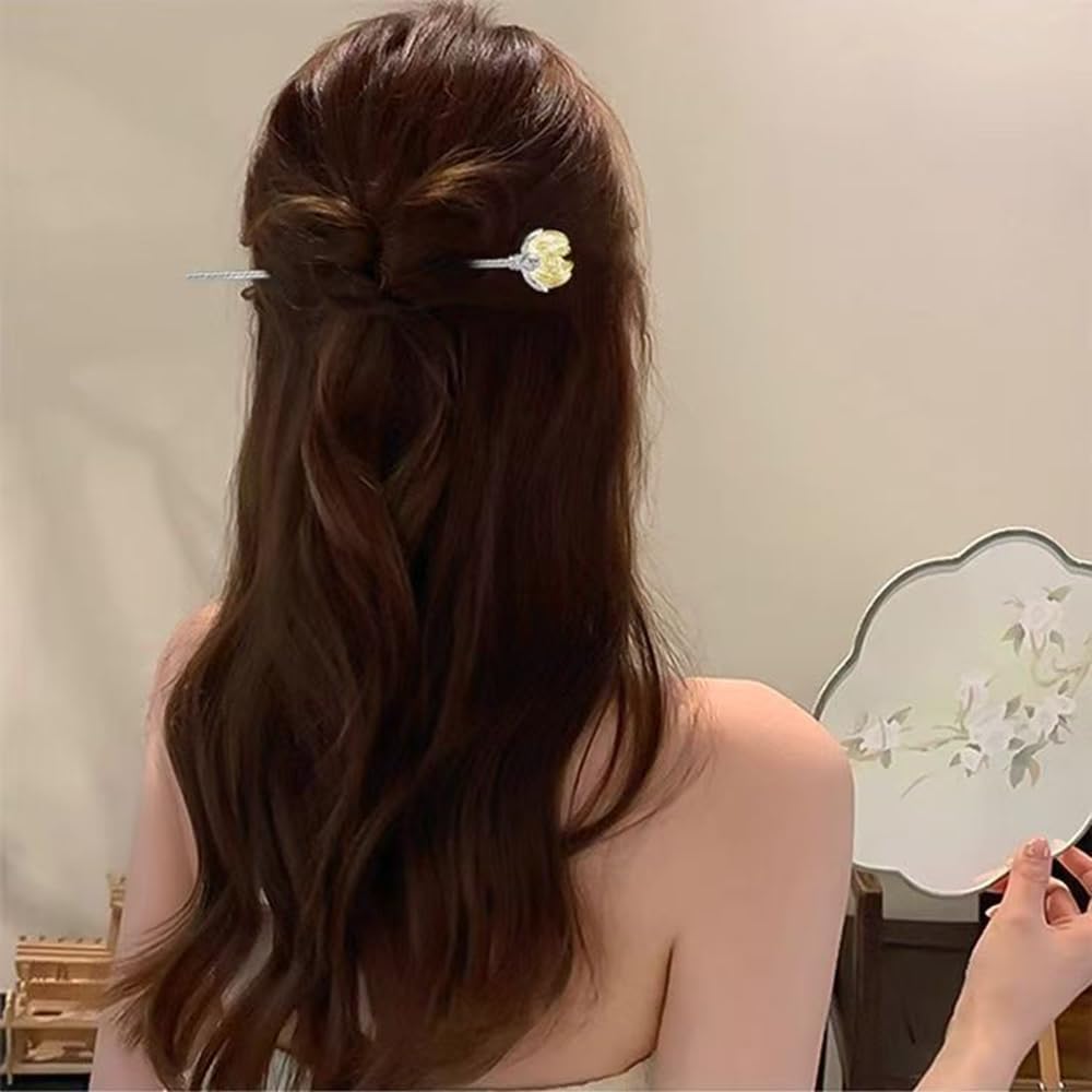 S.A.V.I Silver Hair Bun Stick Pin for Women | 13.5cm Metal Juda Stick with Transparent Crystal Flower | Elegant Floral Hair Accessory for Party, Bridal & Traditional