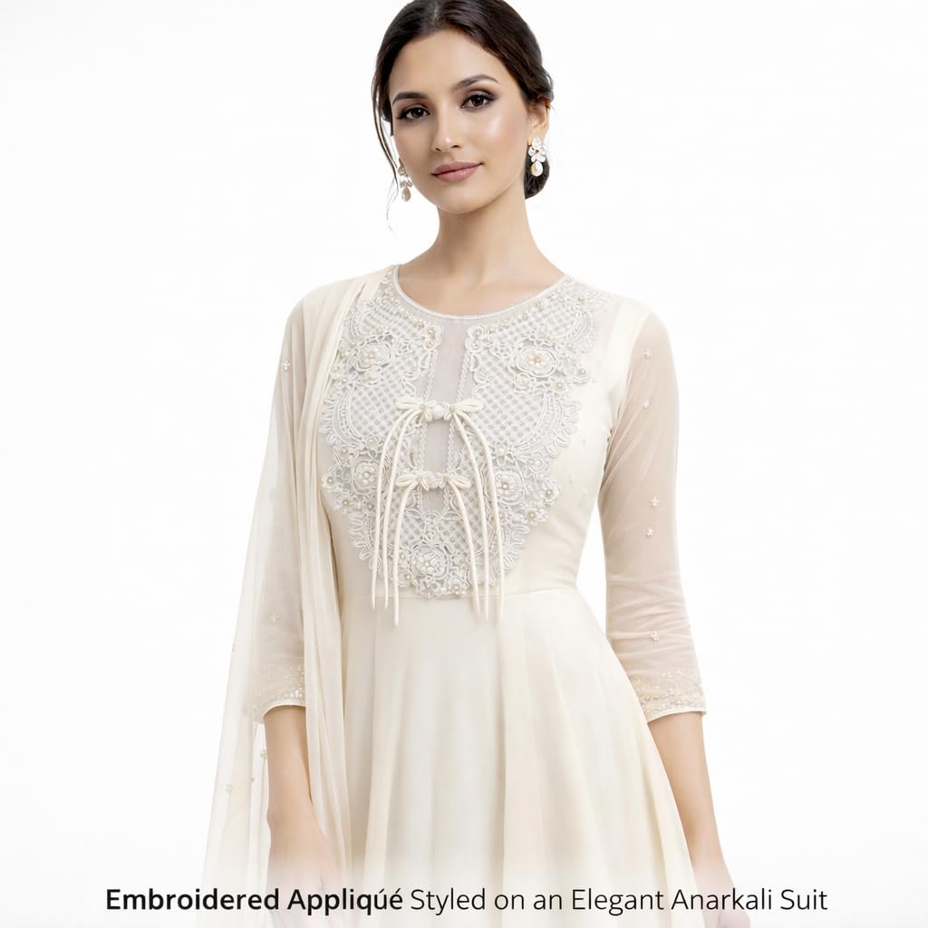 S.A.V.I White Ivory Embroidered Lace Appliqué Neckline Yoke 30x36 cm Pearl Beaded Floral Net Sew-On Patch with Bow Tie for Bridal Anarkali Gown Ethnic Craft (Pearl with Bow Tie)