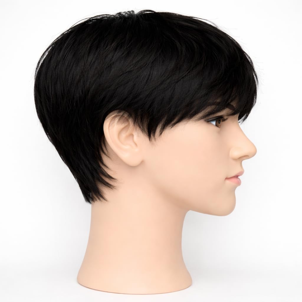 S.A.V.I 100% Human Hair Wig for Men, Natural Black Korean Style Short Pixie Cut, Straight Layered Full Coverage, Realistic Scalp Appearance, Breathable & Lightweight