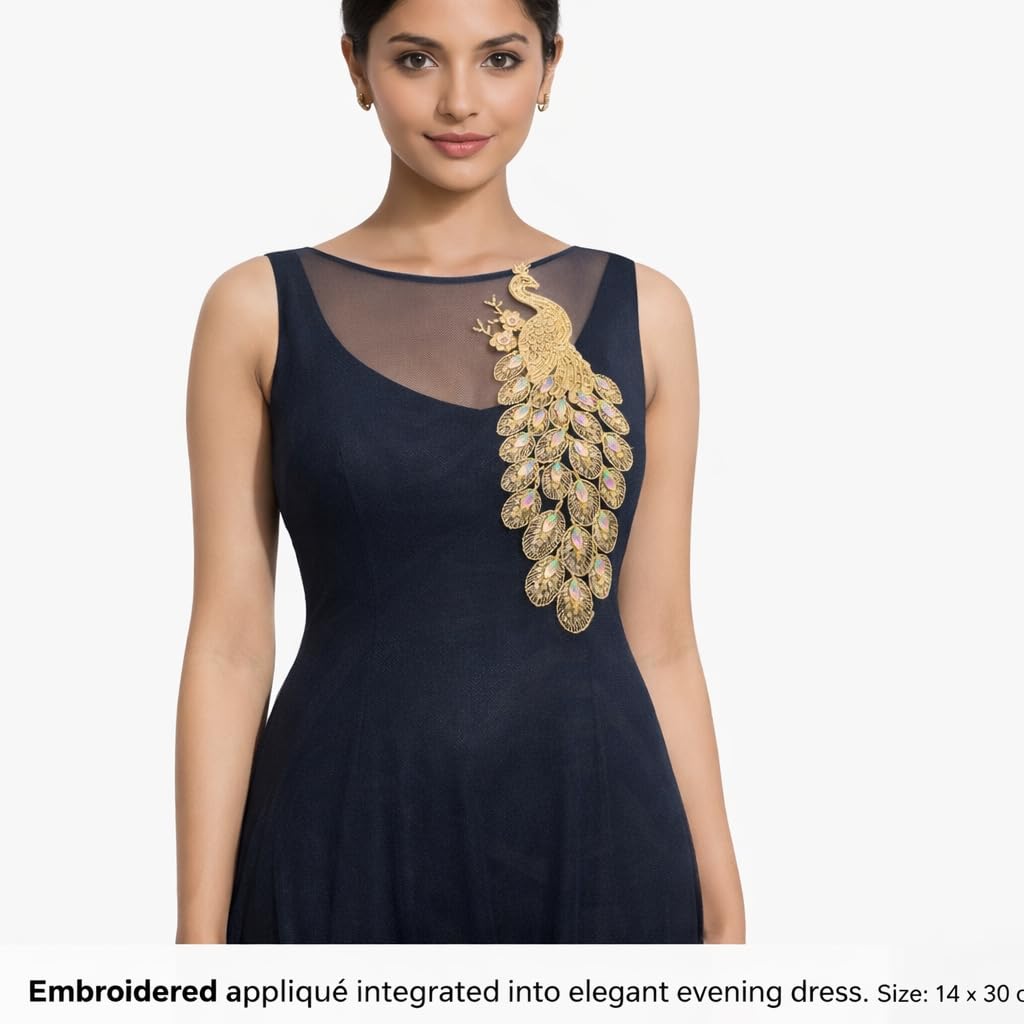 S.A.V.I Gold Peacock Embroidered Sew-On Appliqué Patch 14 x 30 cm | Zari Thread, Beads & Stone Designer Motif for Blouse, Kurti, Gown & Saree