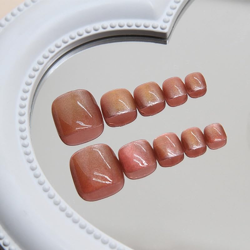 S.A.V.I Press on Toenails 24 Pcs Reddish Brown Cat Eye Short Square | Shimmer Finish with Glue & Adhesive Tabs, Natural Fit DIY Pedicure for Women, Durable Glossy Wear