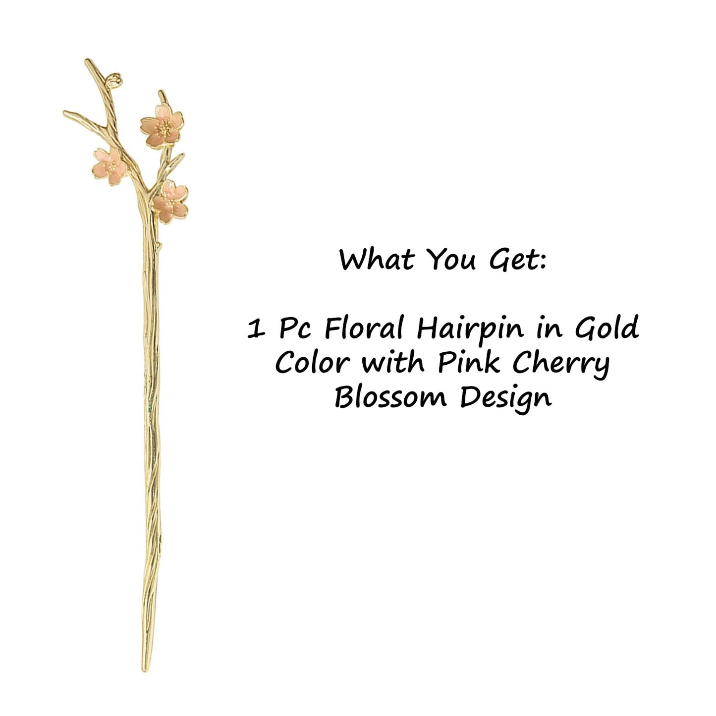S.A.V.I Cherry Blossom Hair Stick Pin for Women & Girls | Gold Tone Japanese Style Hairpin with Pink Floral Design | Elegant Metal Bun Hairstick Accessory for Bridal, Party & for Daily