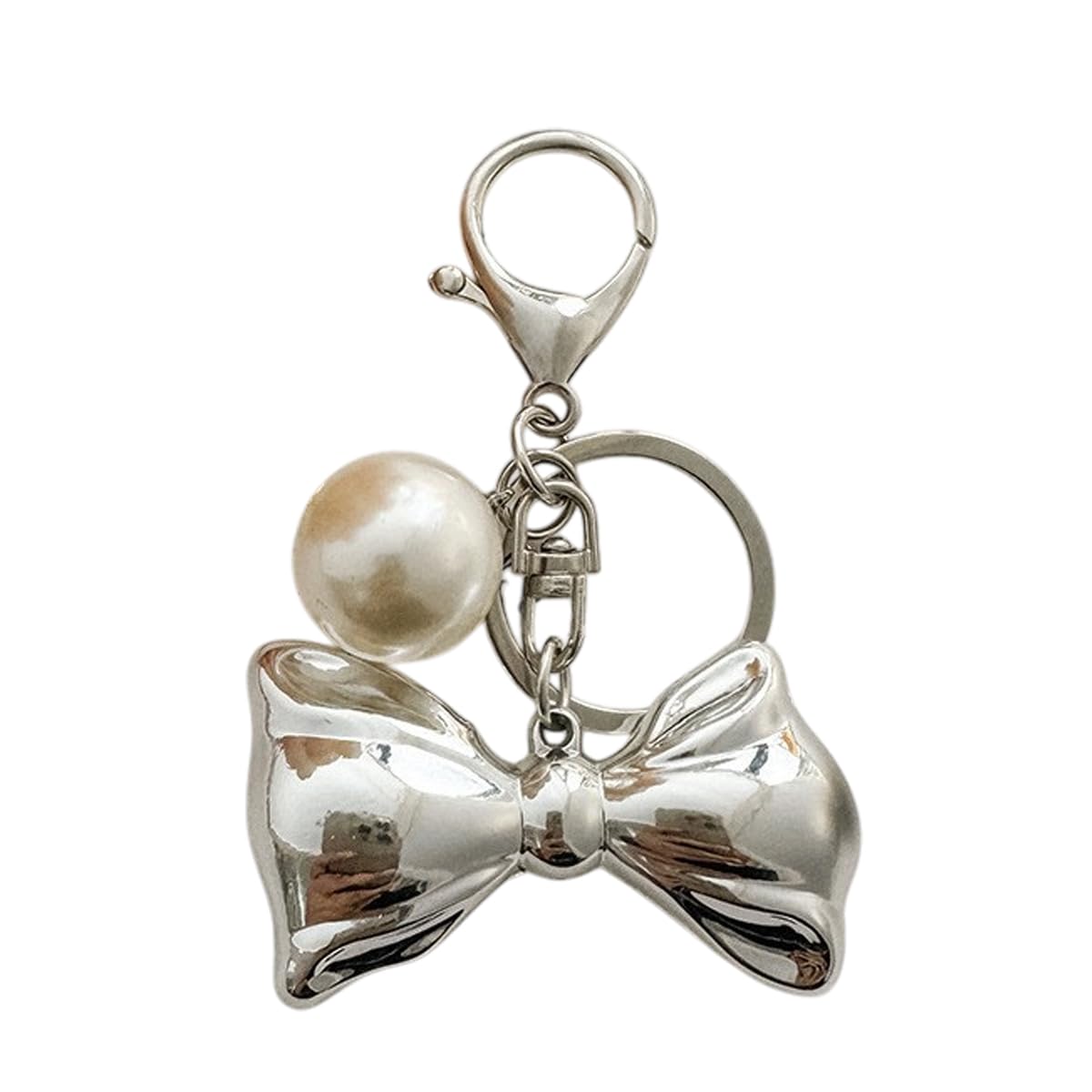 S.A.V.I Pearl Bow Keychain for Women, Silver Alloy Bag Charm Key Ring, Elegant handbag accessory with lobster clasp, lightweight decorative pendant for purses, backpacks, car keys & gifting