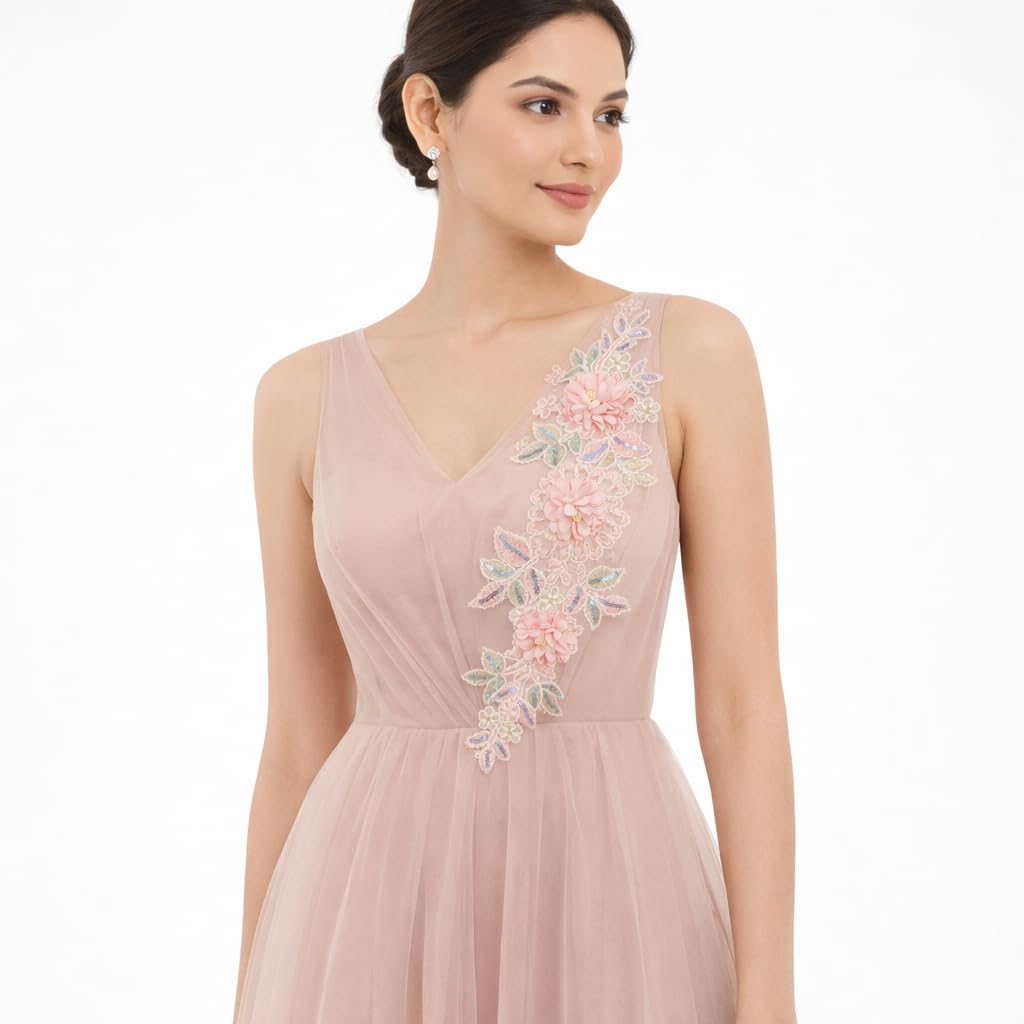 S.A.V.I Blush Pink Floral Embroidered Sew-On Appliqué Patch 11 x 35 cm | 3D Flower Sequin Net Fabric Motif for Saree Gown Kurti Blouse Decoration