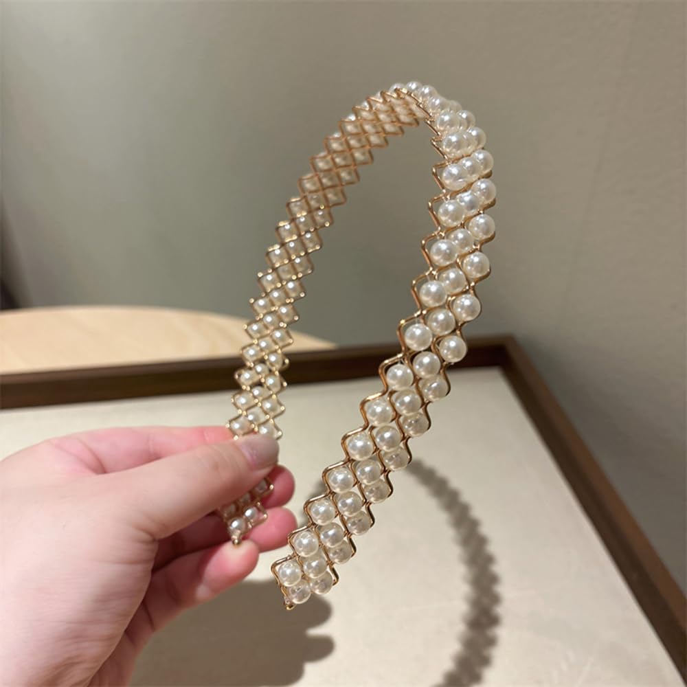 S.A.V.I Gold Plated Pearl Headband for Women & Girls | 14cm Elegant White Faux Pearl Hairband | Stylish Zigzag Metal Design | Party, Wedding, Ethnic Hair Accessory