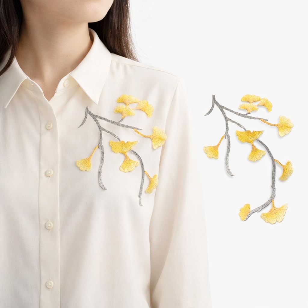 S.A.V.I Iron-On Embroidered Ginkgo Leaf Appliqué Patch Yellow Grey Floral Branch Design Fabric Embroidery 12.7 x 17.9 cm for Dresses Sarees Kurtis DIY Craft (Left)