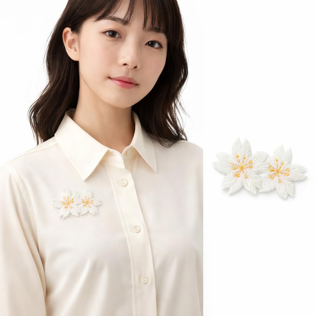 S.A.V.I White Floral Embroidered Iron-On Appliqué Patch, Double Cherry Blossom Design, Soft Thread Work for Dresses, Blouses, Lehengas & DIY Crafts, 5.3 x 3.3 cm (White)