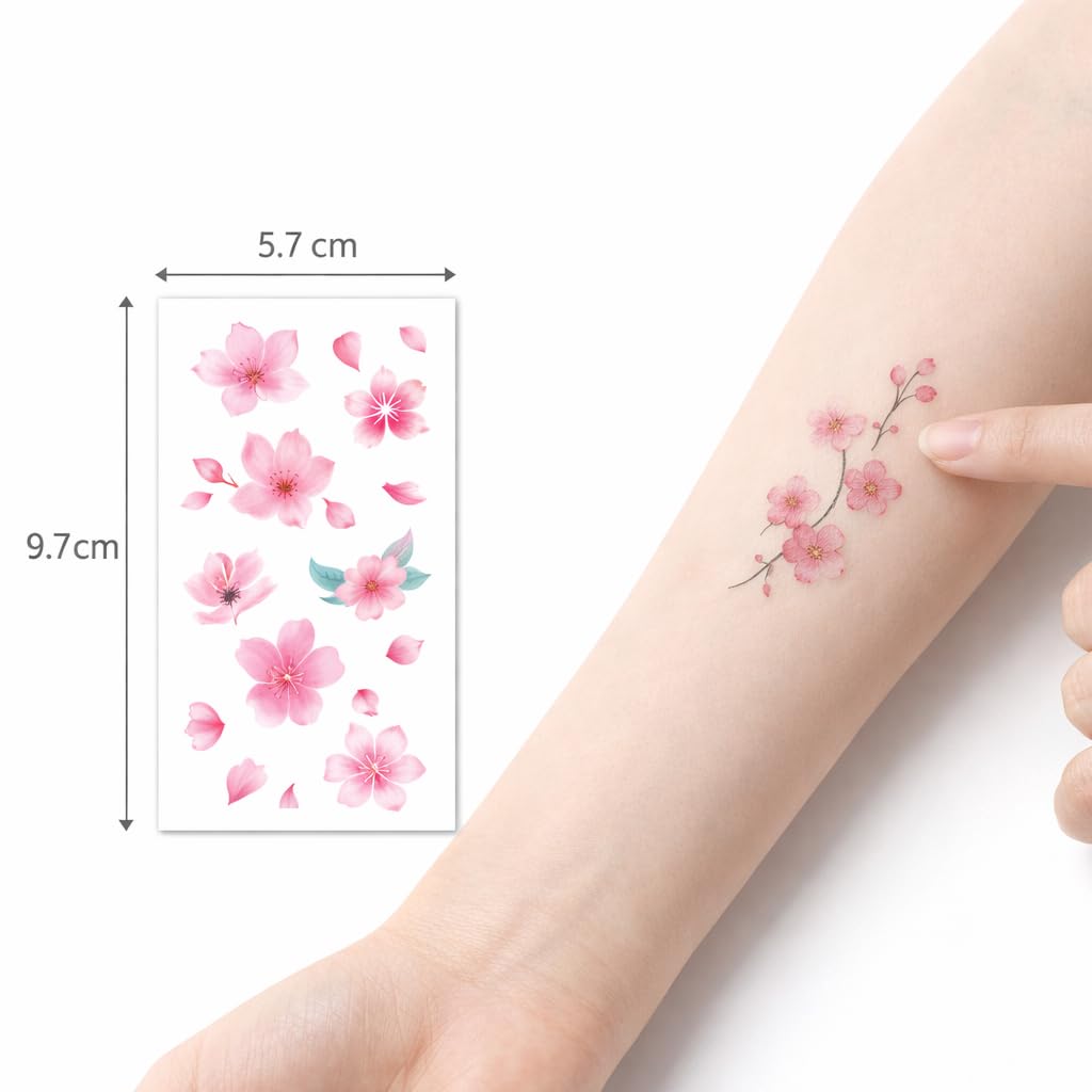 S.A.V.I 30 Sheets Pink Cherry Blossom Temporary Tattoos for Women & Girls | Waterproof Floral Body Stickers 5.7 x 9.7 cm | Cute Flower, Heart & Butterfly Designs | Safe Non-Toxic Skin Art (#321)