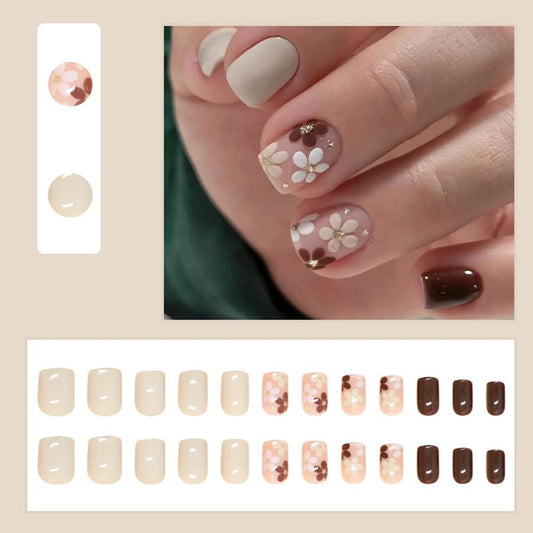 S.A.V.I 24 Pcs Short Natural Shape Press-On Fake Nails - Maroon  White Floral Design | Reusable False Nails Set for Women  Girls | Glossy Finish, Easy to Apply, Comfortable Fit | DIY Nail Art Kit