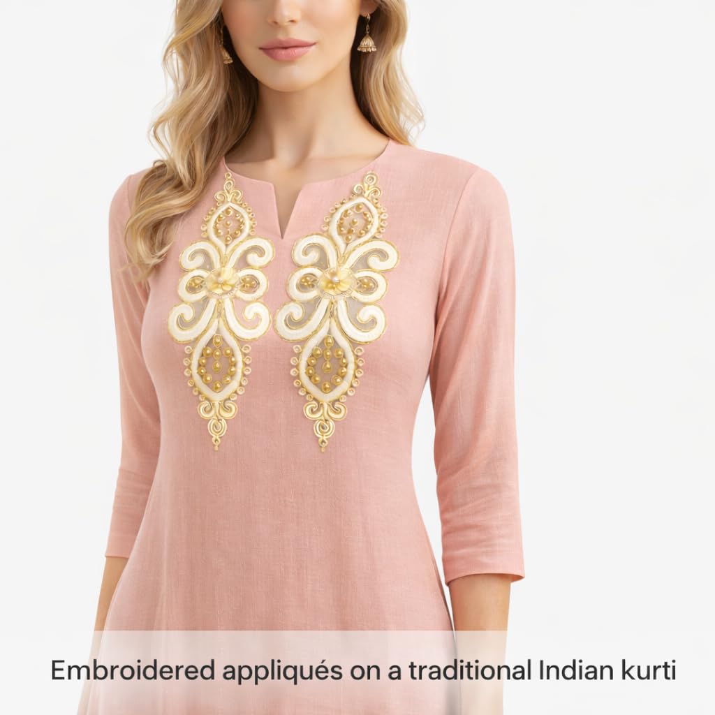 S.A.V.I Pair of White & Gold Floral Embroidered Sew-On Appliqué (11×35 cm) | Zardozi Beaded Threadwork Motif – Saree, Lehenga, Kurti & Blouse Neck Design (White-Gold)