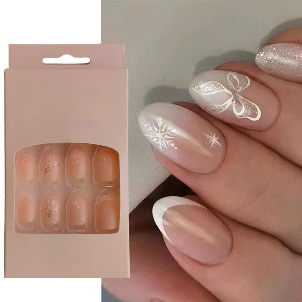S.A.V.I Press-On Nails 24 Pc Round  Medium Bowknot Print - Adhesive Tabs  Glue Included