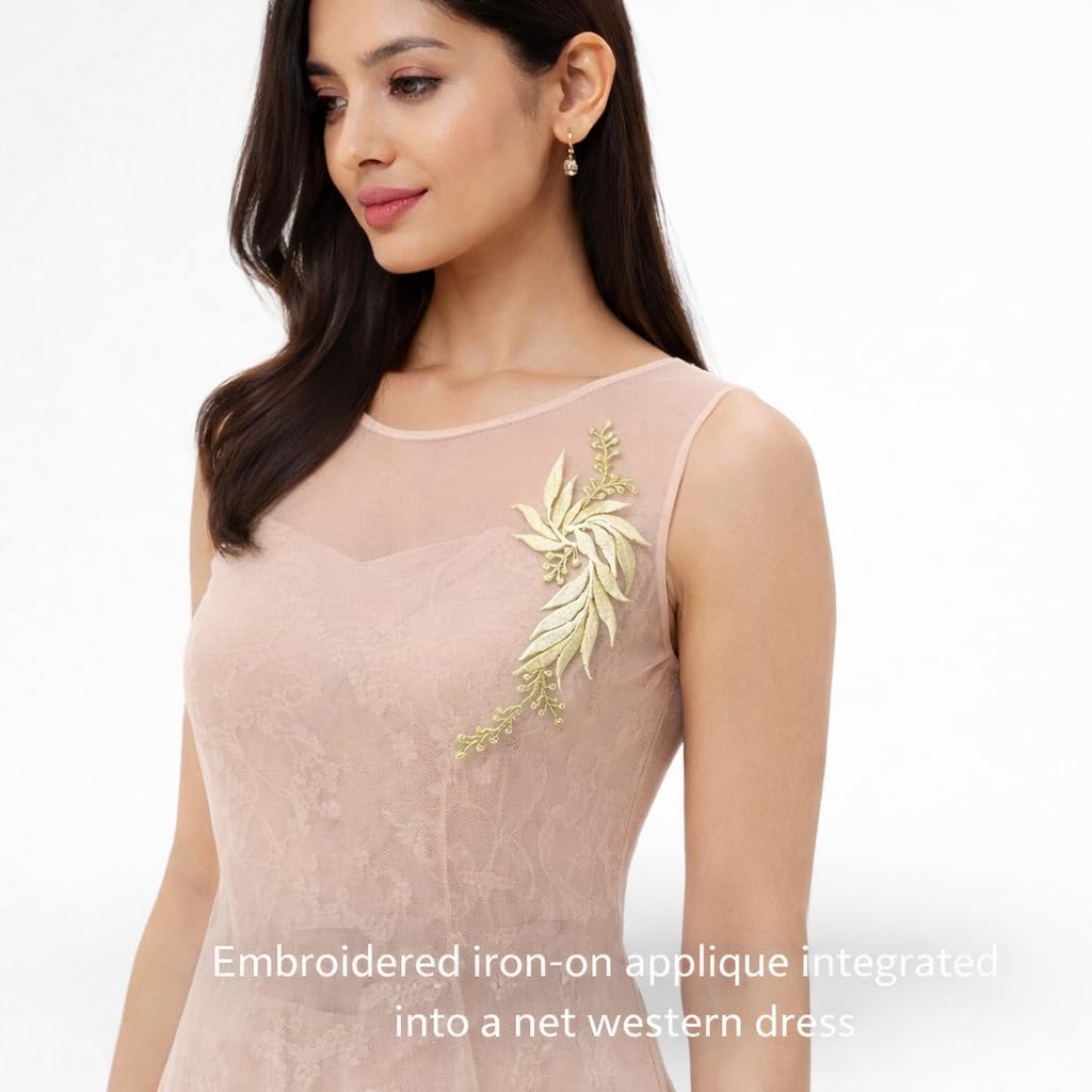 S.A.V.I Yellow & Silver Floral Iron-On Embroidered Appliqué Patch 7.5 x 17 cm | Leaf Motif Threadwork Design for Dresses, Sarees, Blouses & DIY Fabric Craft (Right, Yellow, 7.5 x 17 cm)
