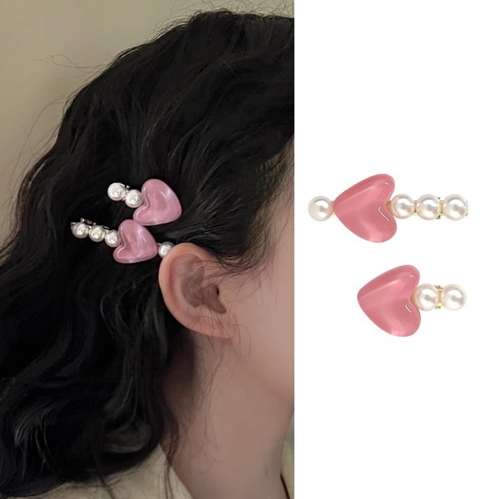 S.A.V.I 2 Pcs - Heart  Pearl Hair Clips for Women  Girls | Stylish Hair Accessories | Trendy Pink Heart Design with Elegant Pearls | Perfect for Gifting  Dailywear | All Occasions