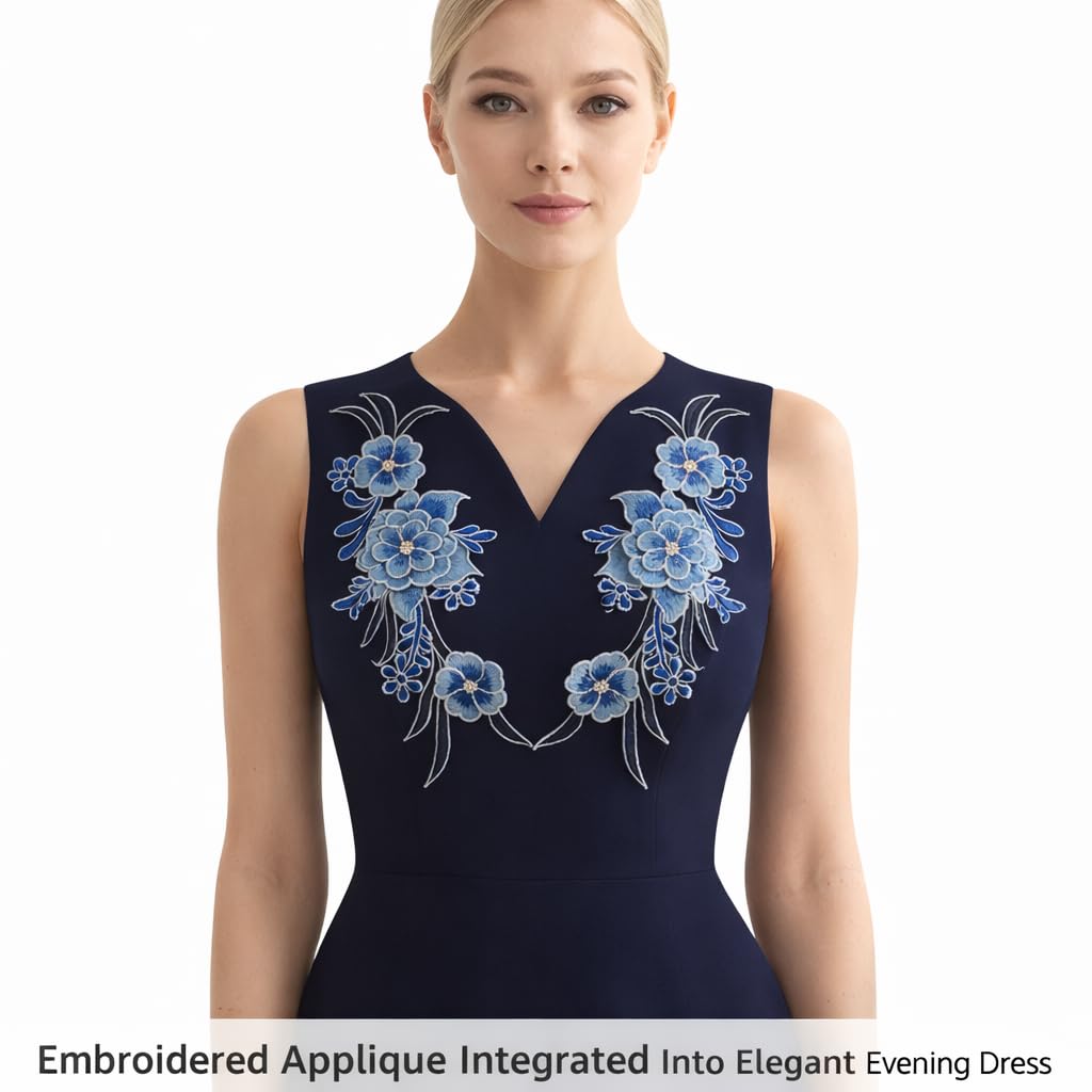 S.A.V.I Pair of Blue Floral Embroidered Applique Sew On 12.5 x 33.5 cm | Fabric Neckline Motif for Dresses Kurtis Gowns & Designer Wear (Blue)