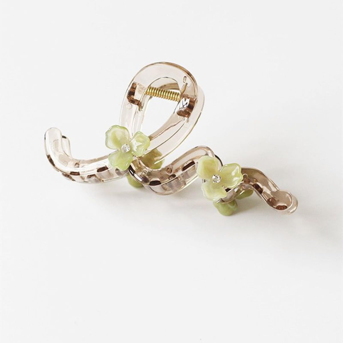 S.A.V.I Large 14 cm Acrylic Hair Claw Clip for Women, Transparent Grey Clutcher with Green Floral Design, Strong Grip for Thick Hair Bun, Stylish Wavy Hair Accessory for Daily