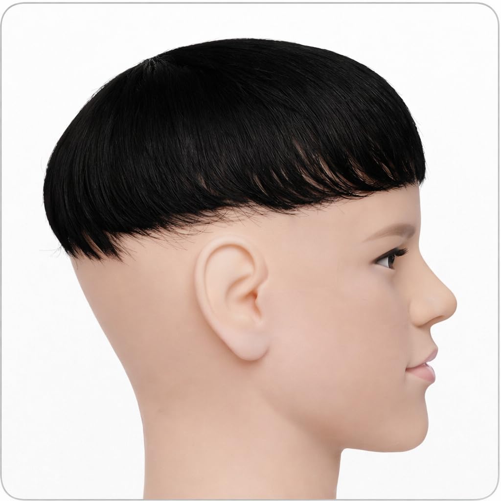 S.A.V.I Black 100% Human Hair Short Bowl Cut Wig for Men with Bangs & Undercut | Natural Straight Clip-In Topper | Breathable, Lightweight, Realistic Scalp Finish