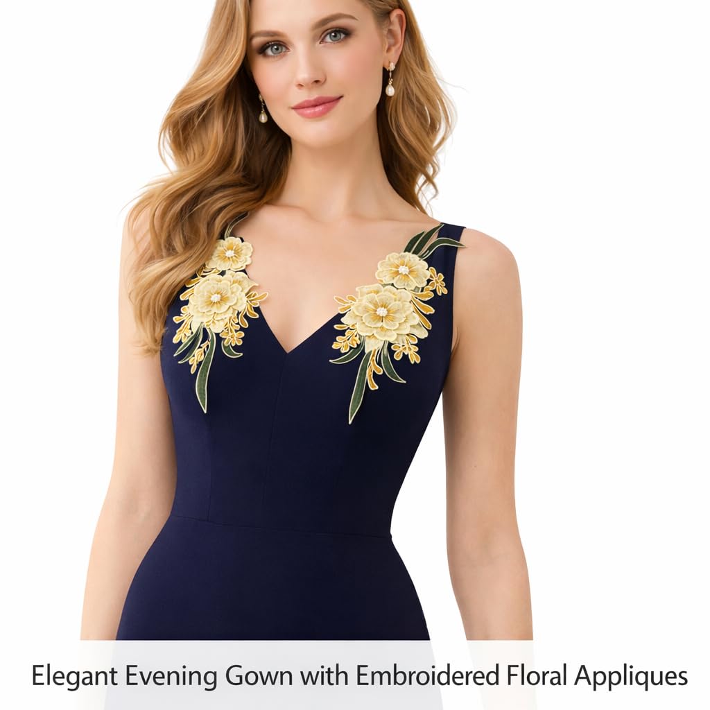 S.A.V.I Pair of Yellow & Gold Embroidered Floral Sew-On Appliqué (12.5 x 33.5 cm) | Fabric Lace Flower Patch for Blouse, Gown, Kurti & Dress Neckline Decor (Yellow-Gold)
