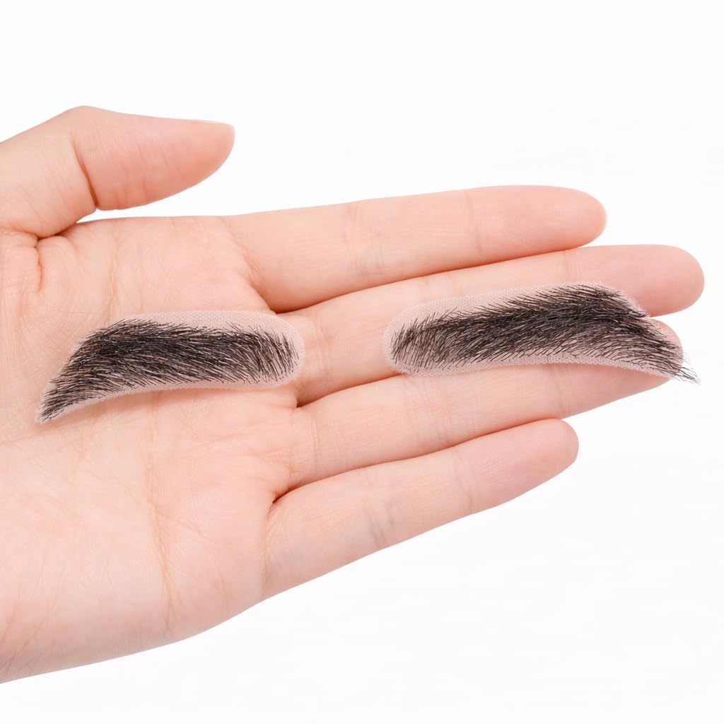 S.A.V.I Sword-Shaped Glue-On Eyebrows for Women, Natural Black, 7 cm Hand-Tied Real Human Hair, Breathable Mesh Base, Reusable Fake Brows with Adhesive for Makeup, Hair Loss and Alopecia