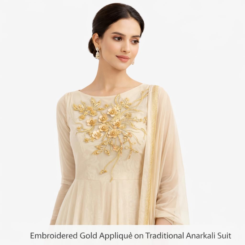 S.A.V.I Handcrafted Gold Floral Embroidered Appliqué Patch 32.1 x 36.1 cm | 3D Zardozi Flower Work on Net Fabric | Designer Sewing Motif for Blouse, Gown, Anarkali