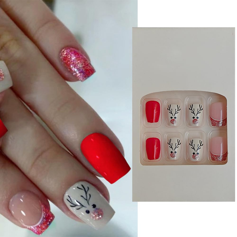 S.A.V.I 24 PCs Christmas  New Year Fake Nails | Medium Coffin Shape | Red Glitter  Nude Reindeer Art | DIY Nail Kit for Party  Festive Look | Easy to Apply  Durable