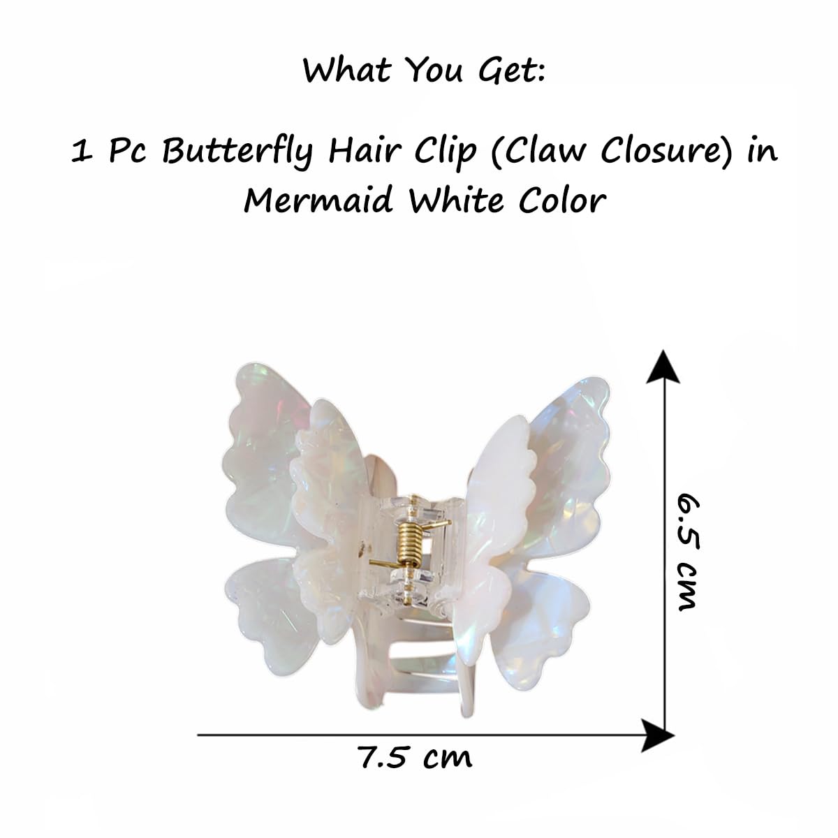 S.A.V.I Butterfly Hair Claw Clip for Women & Girls | 7.5 cm Large Acrylic Hair Clip | Mermaid White Iridescent Finish | Strong Hold Jaw Clip | Stylish Hair Accessory for Daily Use & Styling