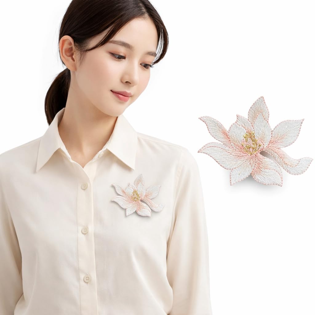 S.A.V.I Peach Lotus Flower Iron-On Embroidered Appliqué Patch 8.7 x 6.9 cm | Premium Fabric Floral Motif for Dresses, Kurtis, Sarees, Blouses & DIY Garment Decoration (Peach)
