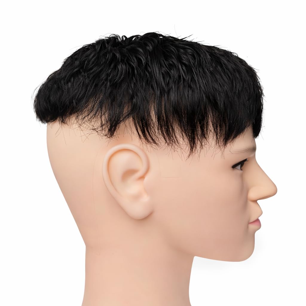 S.A.V.I Black 100% Human Hair Patch for Men – Glossy Wet Look Wavy Texture, Curved Crown Design, Clip-On Topper for Bald Spot Coverage, Breathable Base, Natural Scalp Seamless Fit for Men