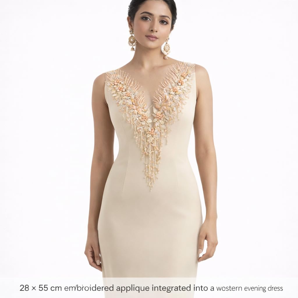 S.A.V.I Peach Apricot Floral Embroidered Applique Patch 28x55 cm, 3D Hand Beaded Pearl Sequin Net Lace V-Neck Front Yoke, Lehenga Gown Bridal Evening (Peach Apricot)