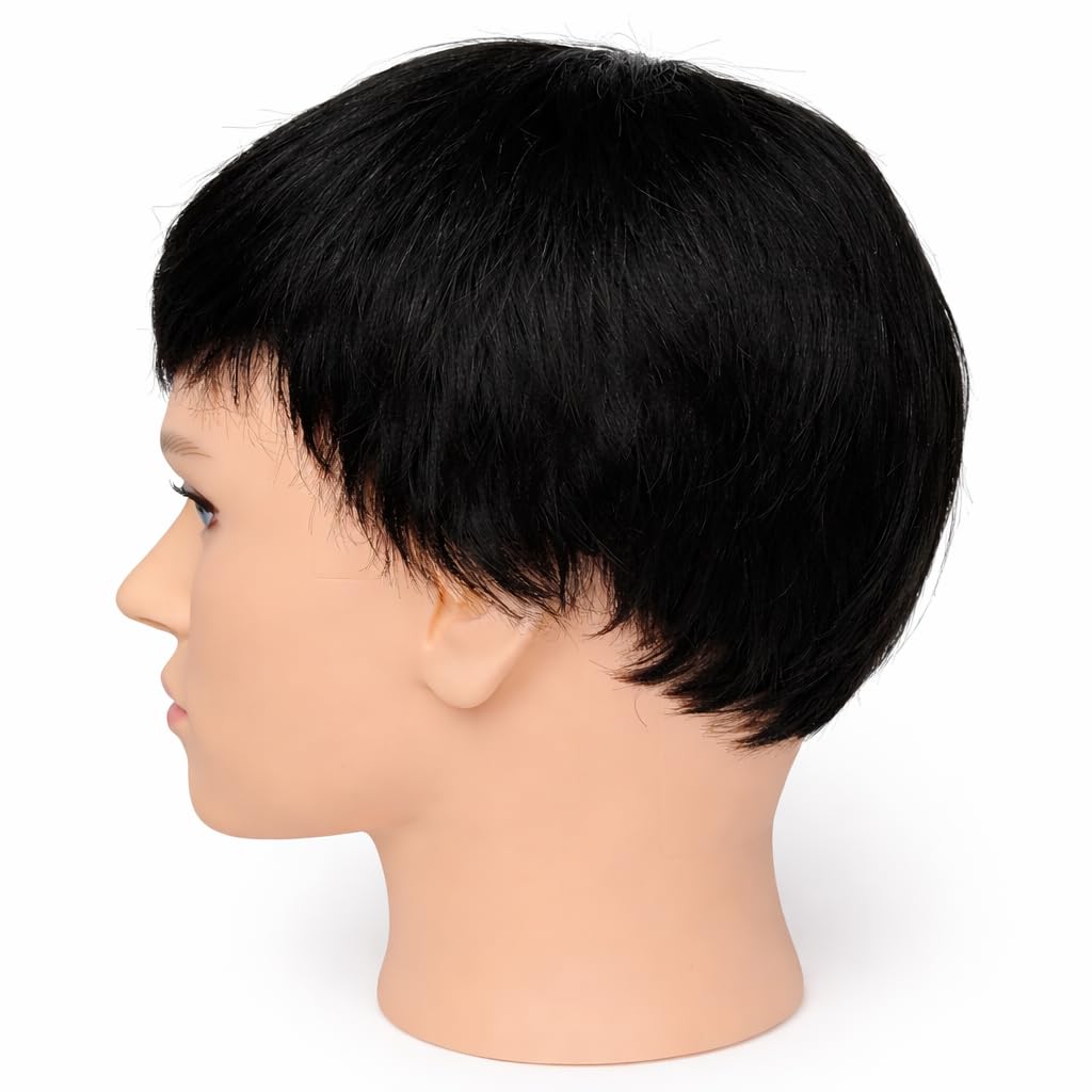 S.A.V.I Men’s Black 100% Human Hair Pixie Wig – Realistic Scalp, Natural Straight Layered Boy Cut, Soft Lightweight Full Headpiece for Daily, Office, Parties