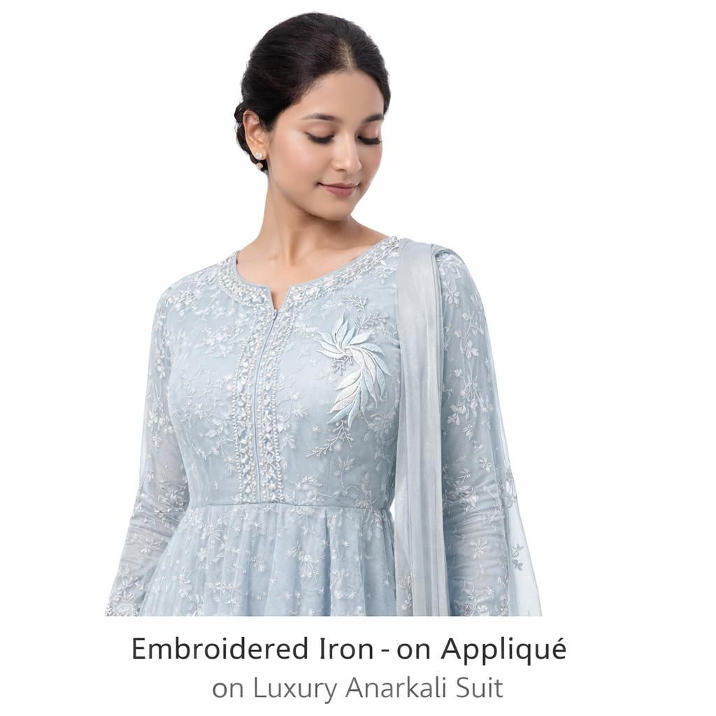 S.A.V.I White Blue & Silver Floral Iron-On Embroidered Appliqué Patch 7.5 x 17 cm | Leaf Motif Threadwork Design for Dresses, Sarees, Blouses & DIY Fabric Craft (Right, White-Blue, 7.5 x 17 cm)