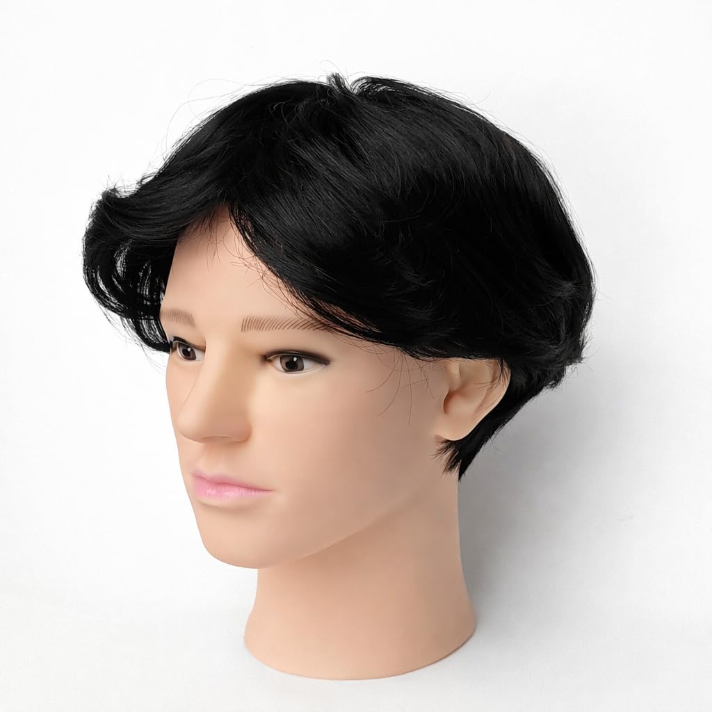 S.A.V.I Black Mid Part Men’s Wig – 100% Human Hair Patch, Natural Straight Layered Cut with Realistic Scalp, Lightweight Breathable Cap, Undetectable Toupee for Men