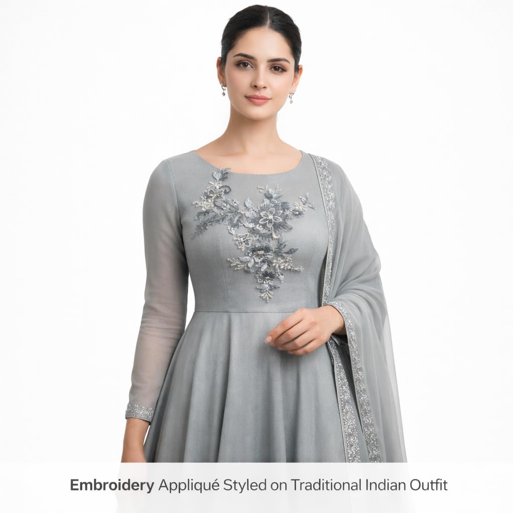 S.A.V.I Grey Floral Embroidered Applique Patch 25x29 cm | Sequin & Thread Work | Leaf Vine Design Sew-On Lace Motif for Blouse, Lehenga, Gown & Ethnic Clothes (Grey)