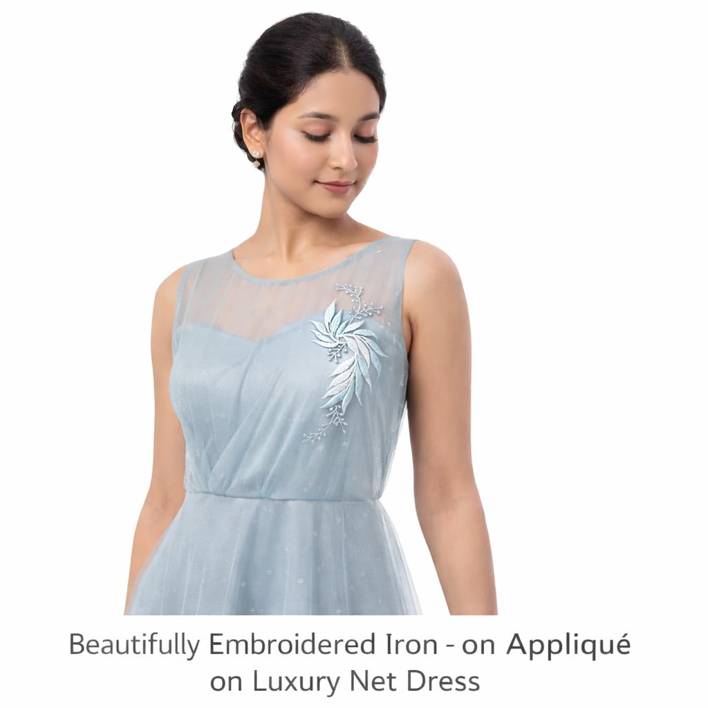 S.A.V.I White Blue & Silver Floral Iron-On Embroidered Appliqué Patch 7.5 x 17 cm | Leaf Motif Threadwork Design for Dresses, Sarees, Blouses & DIY Fabric Craft (Right, White-Blue, 7.5 x 17 cm)