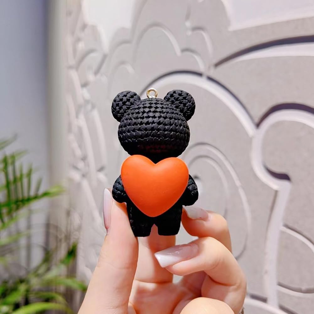 S.A.V.I Cute Black Bear Keychain with Heart Charm | Resin Mini Teddy Pendant 6cm | Braided PU Leather Wrist Strap | Lightweight Gold Key Ring for Girls, Women (Black)