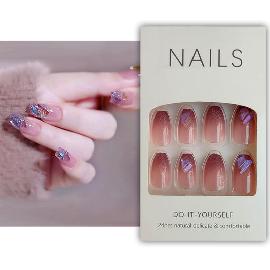 S.A.V.I 24 PCS - Pink Coffin Glitter Nails Medium Crystal Press-on Kit with Glue  Tape