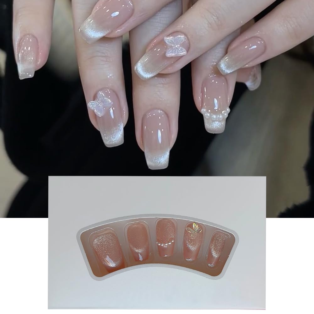 S.A.V.I 24Pc Cat Eye Square Fake Nails - 3D Butterfly  Pearl, Medium Press-On Manicure Set