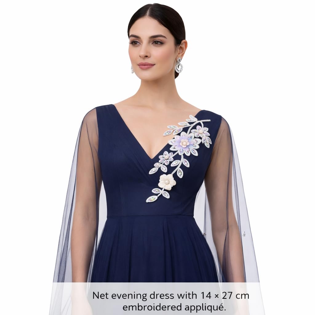 S.A.V.I Silver & Pastel Floral Sew-On Appliqué Patch, 3D Beaded Crystal Leaf Design, 14 x 27 cm Net Fabric for Saree, Kurti, Gown & Dress Decoration (Right, Silver, OneSize)
