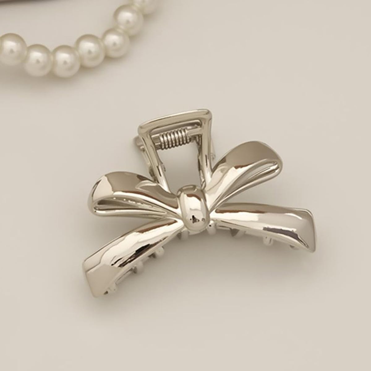 S.A.V.I Silver Metal Bow Hair Claw Clip for Women & Girls (6 cm) | Strong Grip Mini Clutcher, Elegant Ribbon Design Hair Accessory for Daily, Office & Party Styling