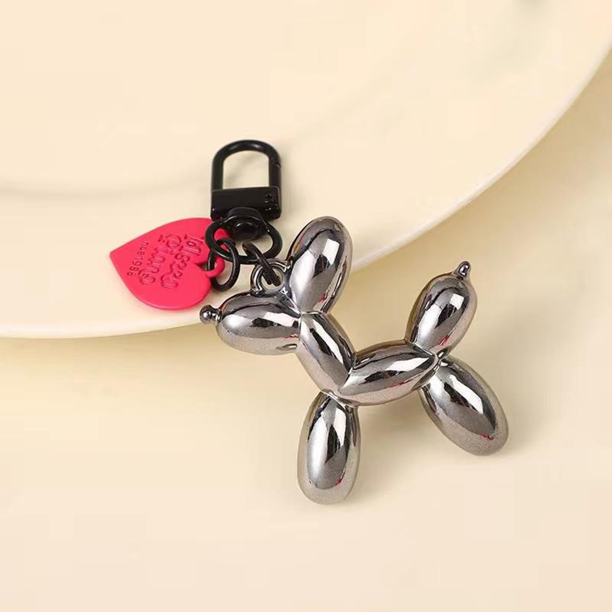 S.A.V.I Balloon Dog Keychain Acrylic Bag Charm Cute Key Ring for Women, Gunblack finish with pink heart charm, 8x4 cm, swivel clasp, lightweight accessory for handbags, backpacks & gifting.
