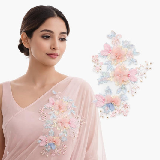 S.A.V.I Pastel Pink & Blue 3D Floral Embroidered Sew-On Appliqué Patch 37x37 cm, Net Fabric with Pearl & Bead Work for Kurti, Gown, Saree & Blouse Decoration (Right)