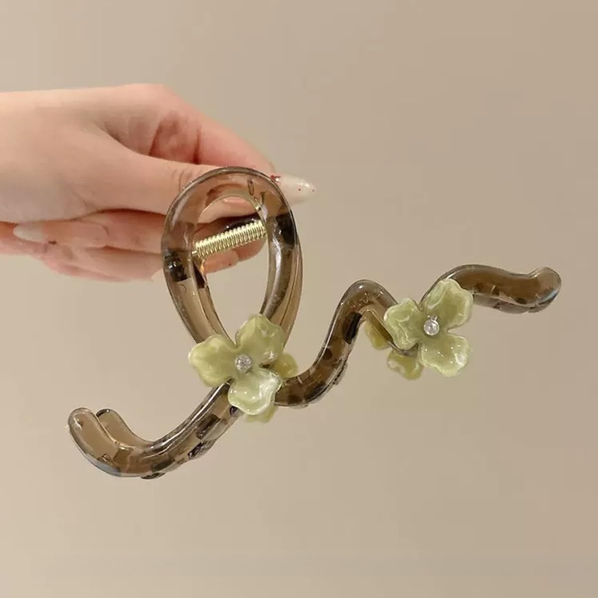S.A.V.I Large 14 cm Acrylic Hair Claw Clip for Women, Transparent Grey Clutcher with Green Floral Design, Strong Grip for Thick Hair Bun, Stylish Wavy Hair Accessory for Daily
