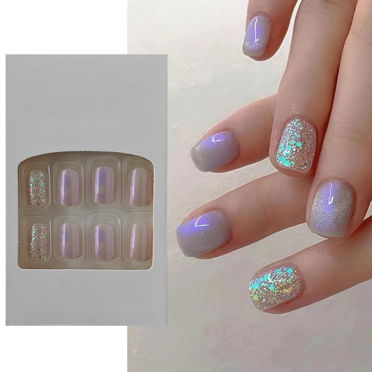 S.A.V.I 24 PCs Short Natural Shape Purple Lavender Glitter Press-on Fake Nails - DIY Manicure, Easy Application, Long-Lasting, Reusable, Salon Quality, For Everyday  Special Occasions