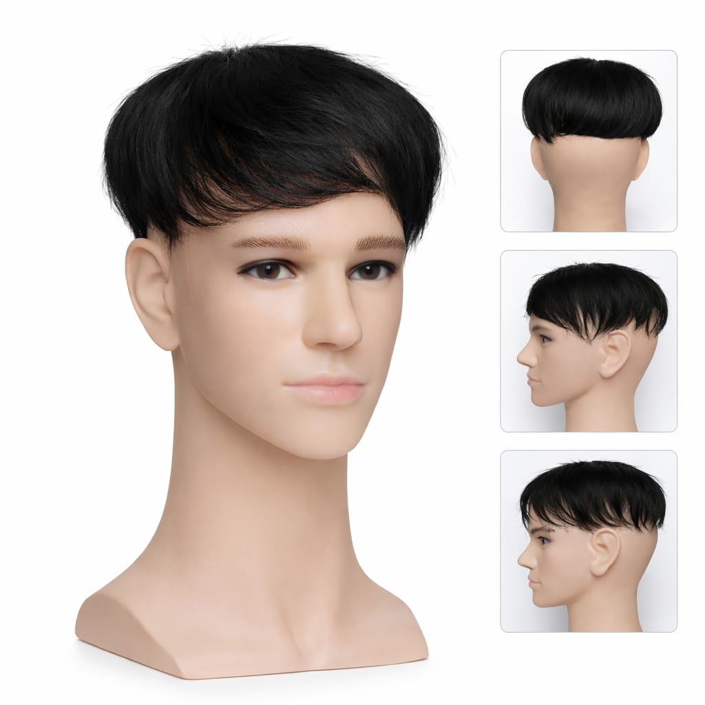 S.A.V.I Men’s Black Hair Topper Wig, Natural Crown Toupee, Straight Synthetic Hairpiece with Breathable Lace Base, Secure Clips, Hand-Tied Lightweight for Natural Look