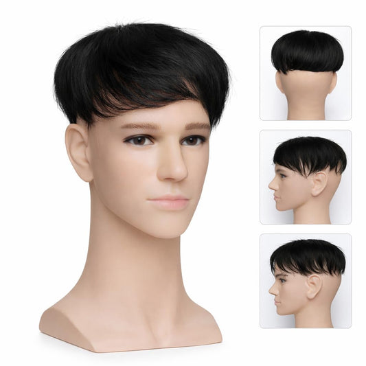 S.A.V.I Men’s Black Hair Topper Wig, Natural Crown Toupee, Straight Synthetic Hairpiece with Breathable Lace Base, Secure Clips, Hand-Tied Lightweight for Natural Look