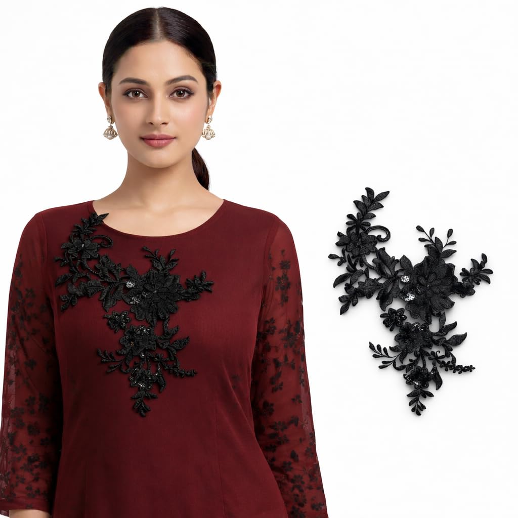 S.A.V.I Black Floral Embroidered Appliqué Patch 25x29 cm | Net Fabric 3D Flower Sequins Motif | Sew-On Design for Saree, Blouse, Gown & Kurtis (Black)