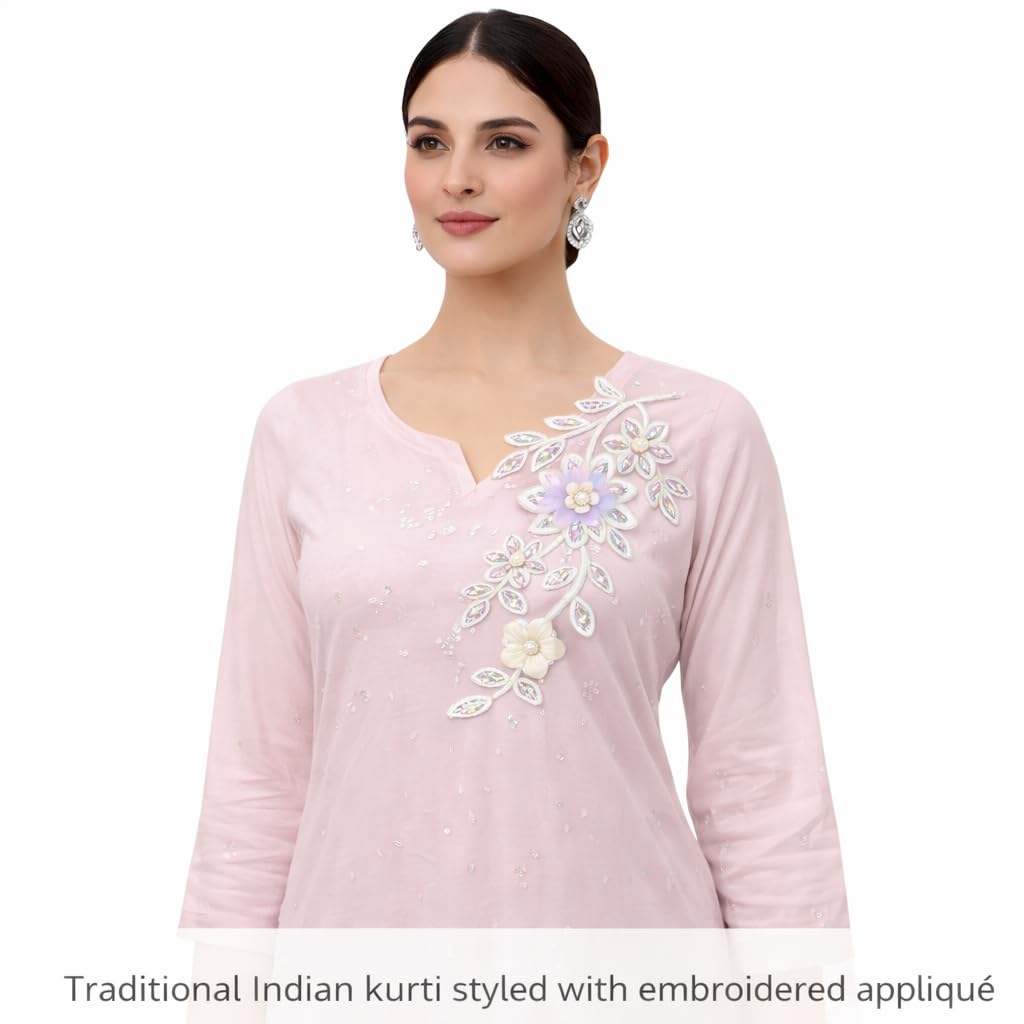 S.A.V.I Silver & Pastel Floral Sew-On Appliqué Patch, 3D Beaded Crystal Leaf Design, 14 x 27 cm Net Fabric for Saree, Kurti, Gown & Dress Decoration (Right, Silver, OneSize)