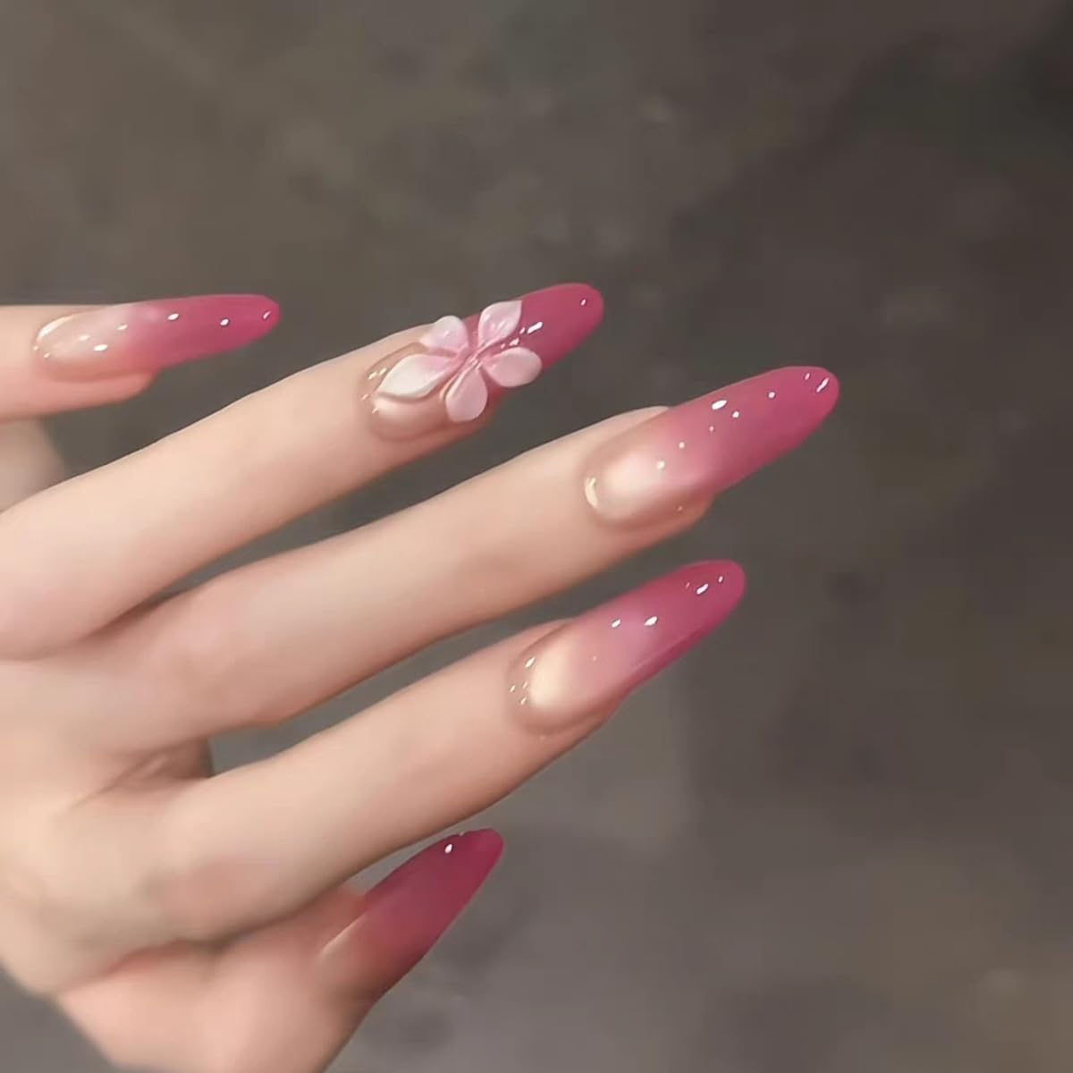 S.A.V.I 30 Pcs Long Almond Press On Nails, Pink Gradient Cat Eye Glossy Finish, 3D Floral Acrylic False Nails, Reusable Artificial Nails with Glue & Adhesive Tabs